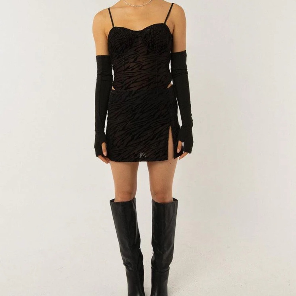 Peppermayo sheer mesh with velvet zebra print bodysuit and mini skirt NWT size L